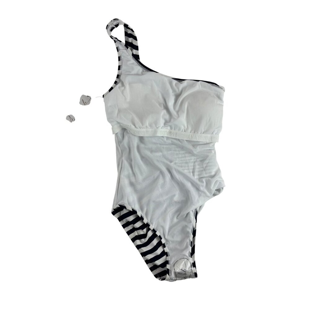 Anne Cole Signature Striped Swimsuit Womens 8 One-Shoulder Black & White Stripes - Picture 11 of 13